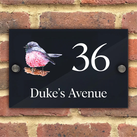 Custom Signs Modern Anthracite House Door Number Plaque Robin Red Breast Bird Design