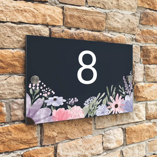 Custom Signs Modern Anthracite House Number Sign Pastel Flowers Bottom