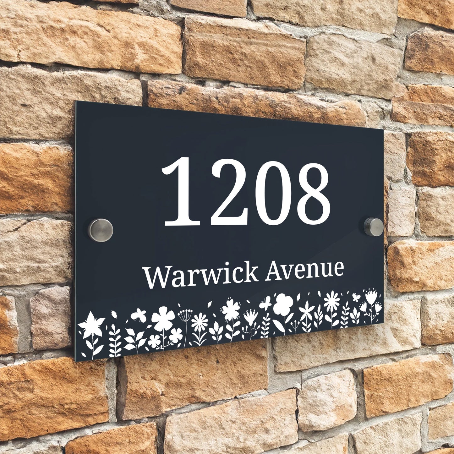 Placas Personalizadas Número de Casa Moderno Antracite Suportes Aço Inox Borda Floral Inferior