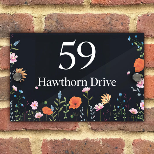 Custom Signs Modern Anthracite Grey House Door Number Plaque Wild Flower Meadow Design
