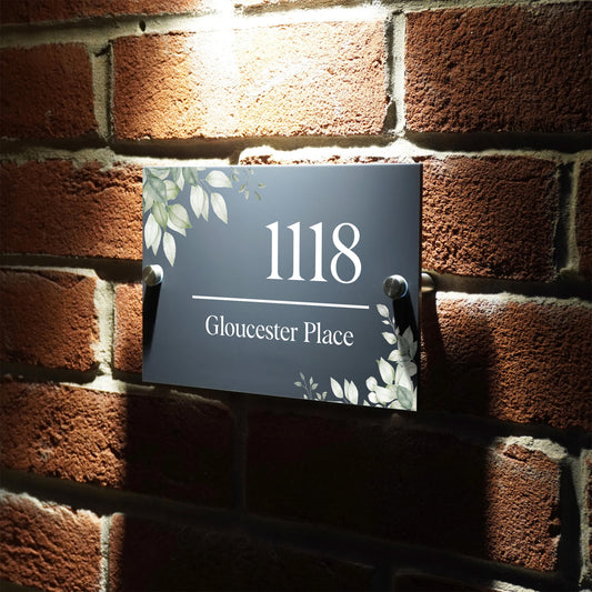 Custom Signs Modern Anthracite Grey House Door Number Plaque Green Leaf Design