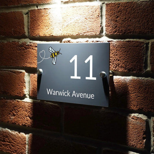 Custom Signs Modern Anthracite House Door Number Plaque Flying Honey Bee Design