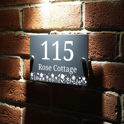 Placas Personalizadas Número de Casa Moderno Antracite Suportes Aço Inox Borda Floral Inferior