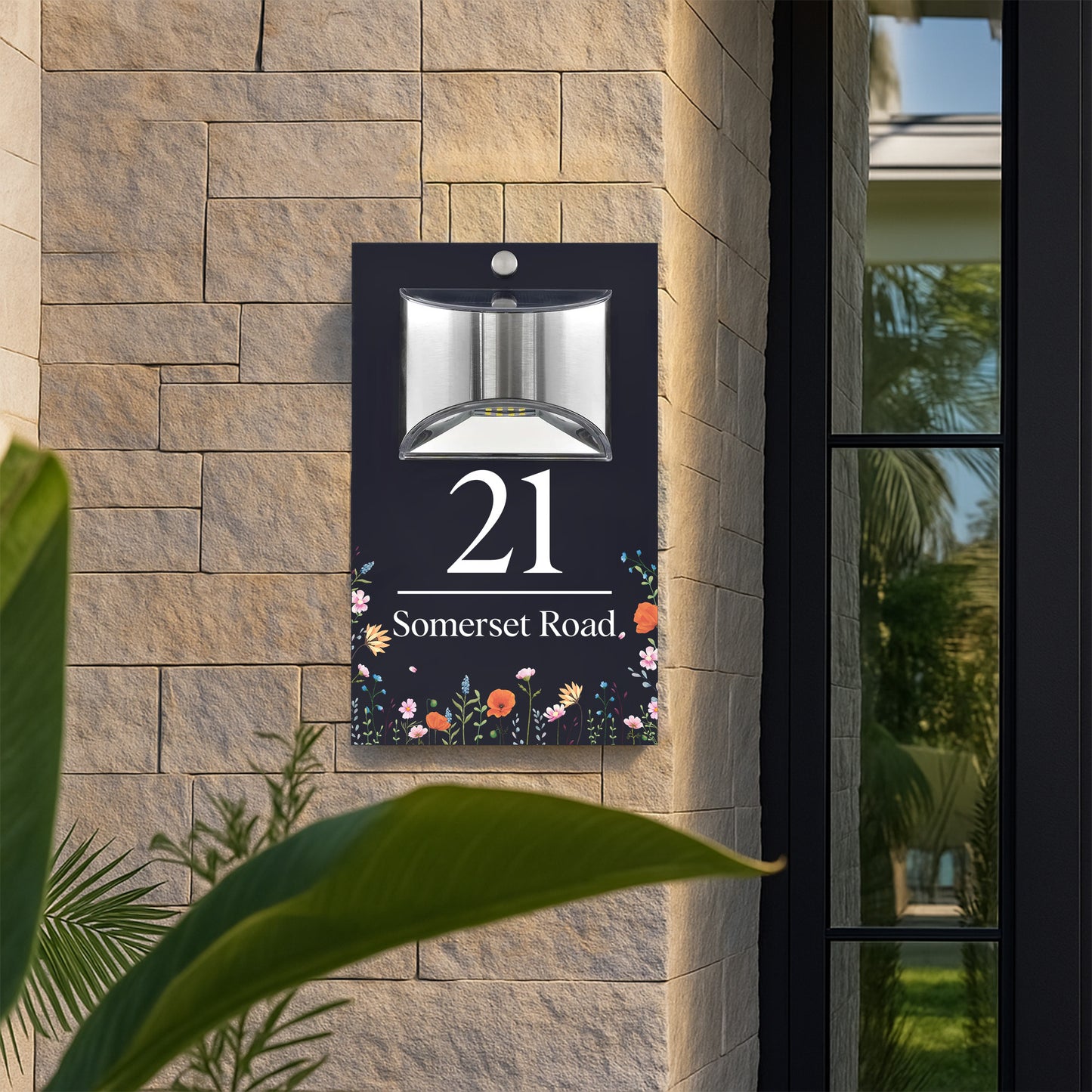 Sinais Personalizados Iluminados a Energia Solar Número de Casa Moderno Antracite Campo de Flores Selvagens