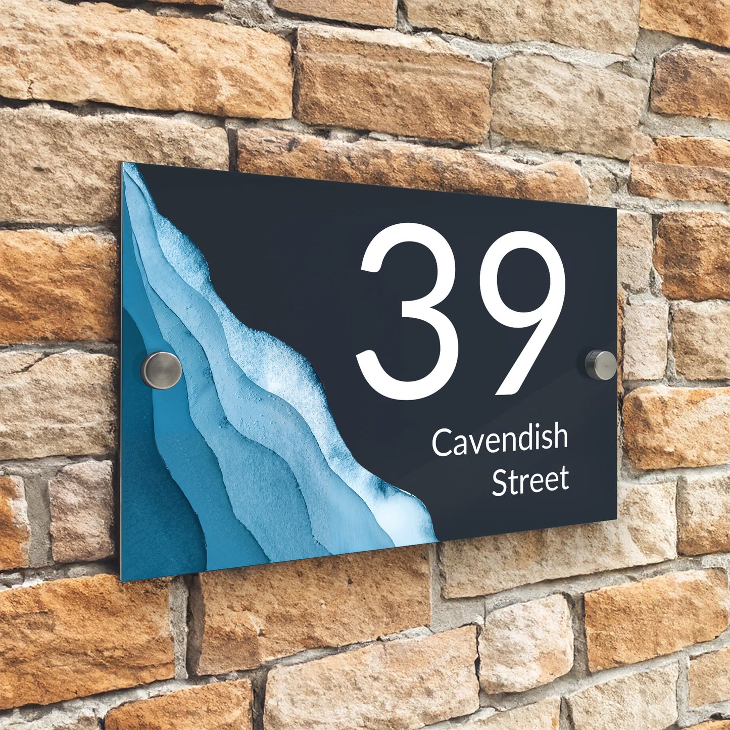 Placas Personalizadas Número Porta Casa Antracite Moderno Ondas Azuis Design Mar