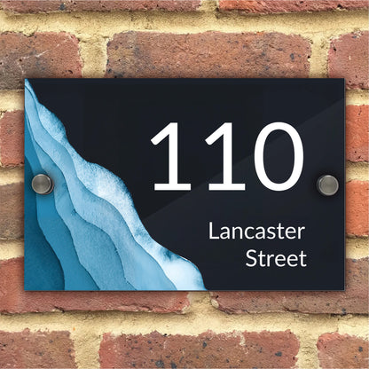 Placas Personalizadas Número Porta Casa Antracite Moderno Ondas Azuis Design Mar