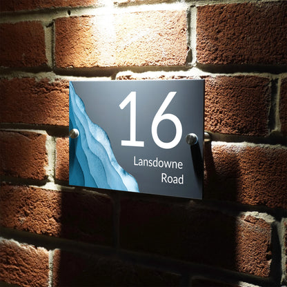 Placas Personalizadas Número Porta Casa Antracite Moderno Ondas Azuis Design Mar