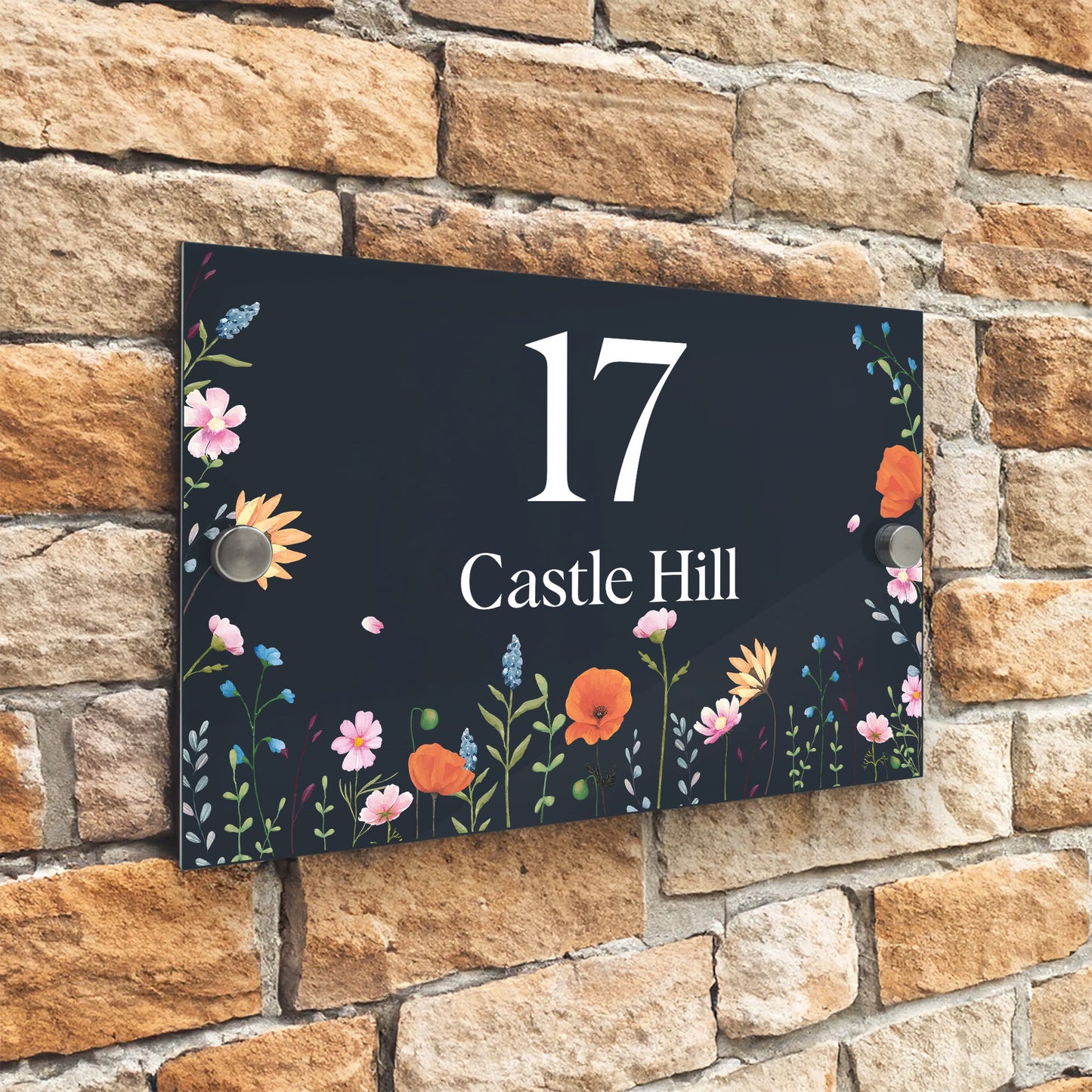 Placas Personalizadas Número de Porta Cinza Antracite Moderno Design Pradaria de Flores Silvestres